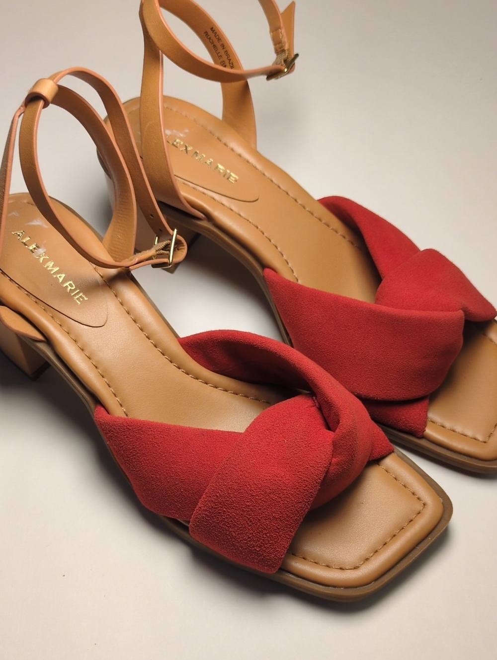 Alex Marie Red Tan Suede Knot Block Heel Sandal, Size 8